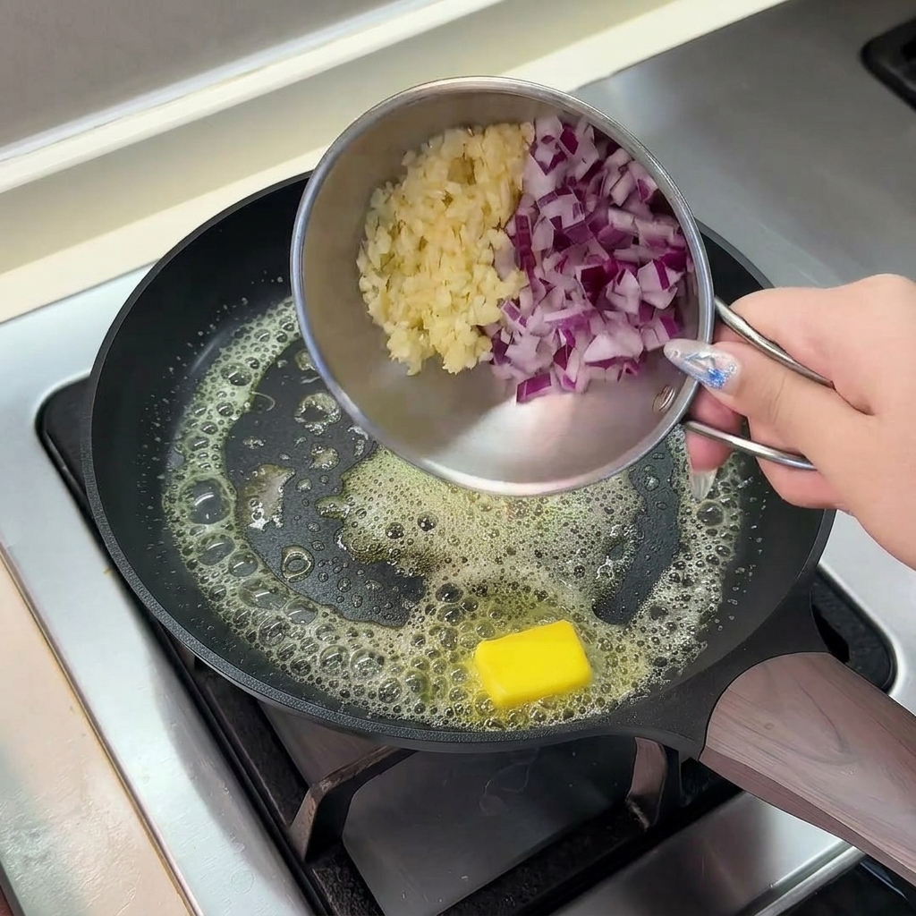 Oignons rouges et ail versés depuis un petit bol en métal dans une poêle avec du beurre fondu crépitant.