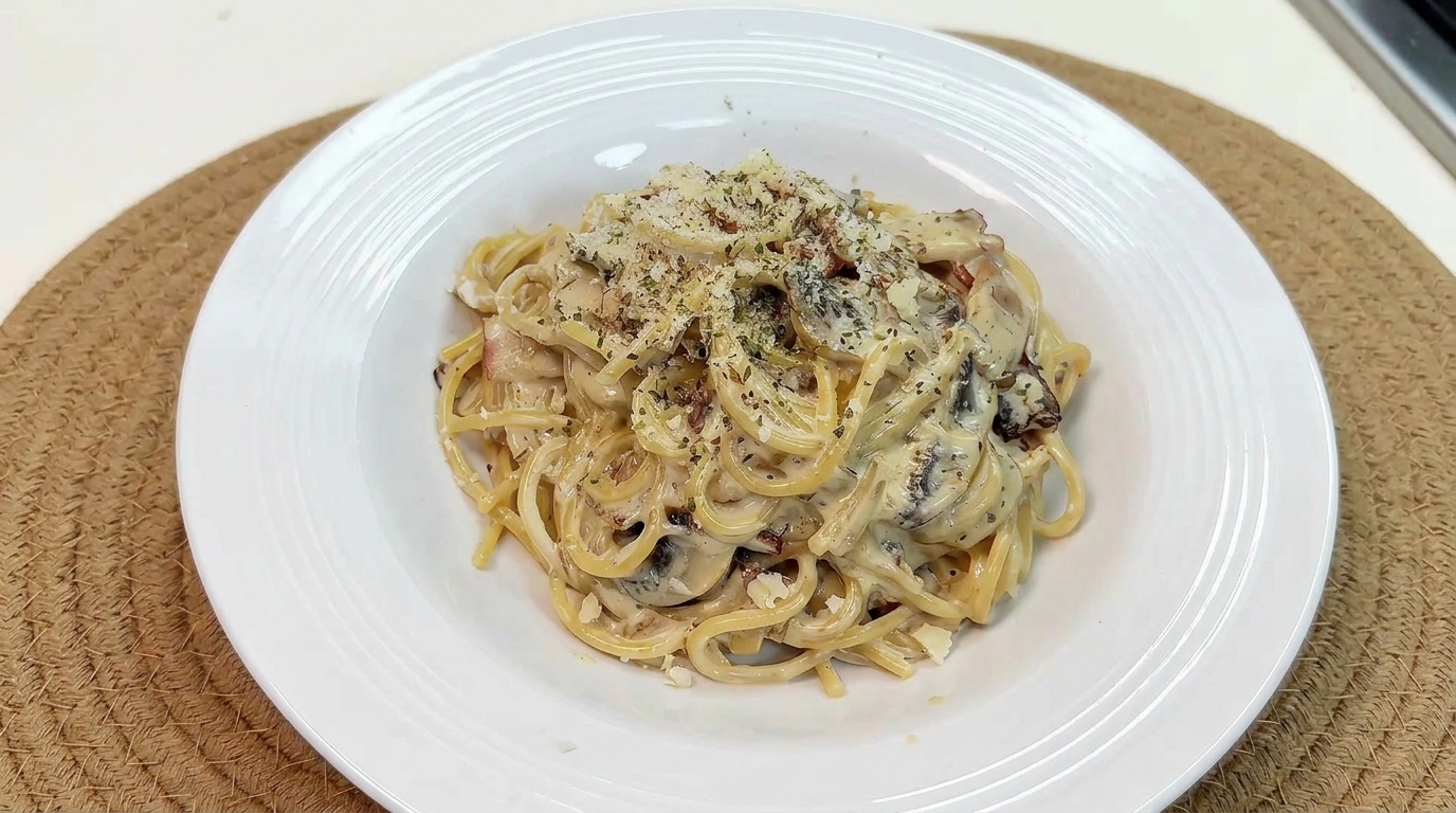 Spaghettis Crémeux Faciles aux Champignons et Lardons