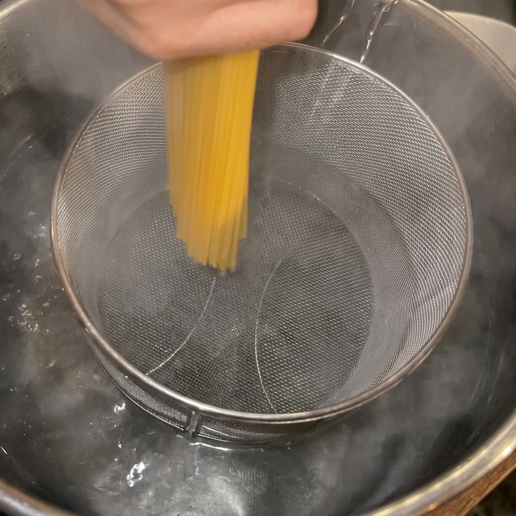 Pâtes sèches plongées dans une casserole deau bouillante avec une passoire métallique.