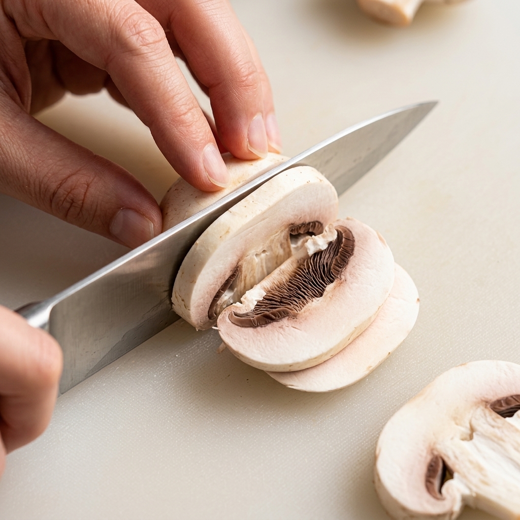 Mains découpant proprement un champignon de Paris sur une planche en bois.