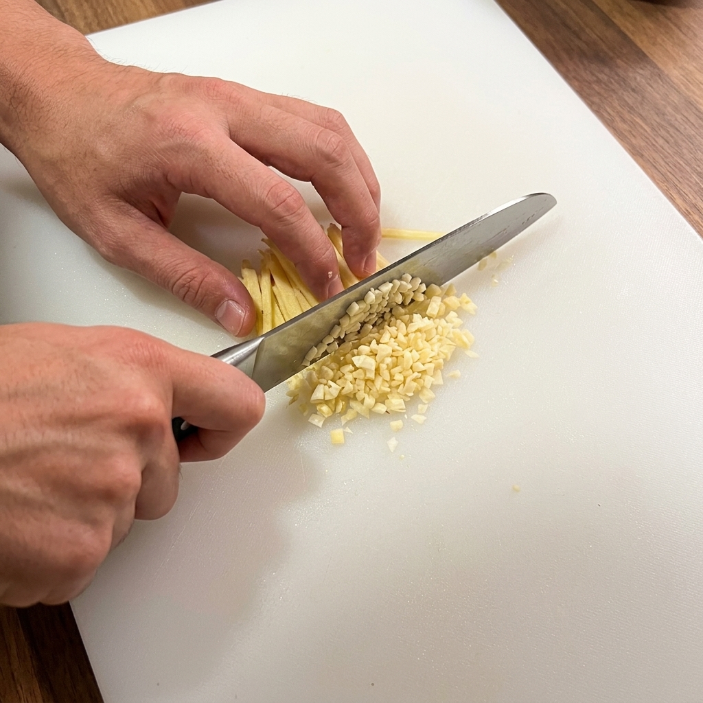 Détail de fromage râpé finement sur une planche à découper blanche.