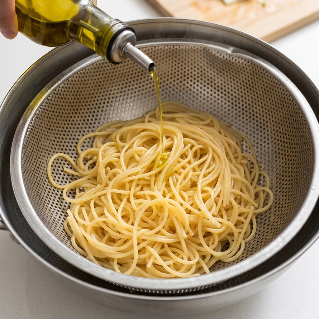 Huile dolive versée sur des spaghetti cuits reposant dans une passoire en inox.