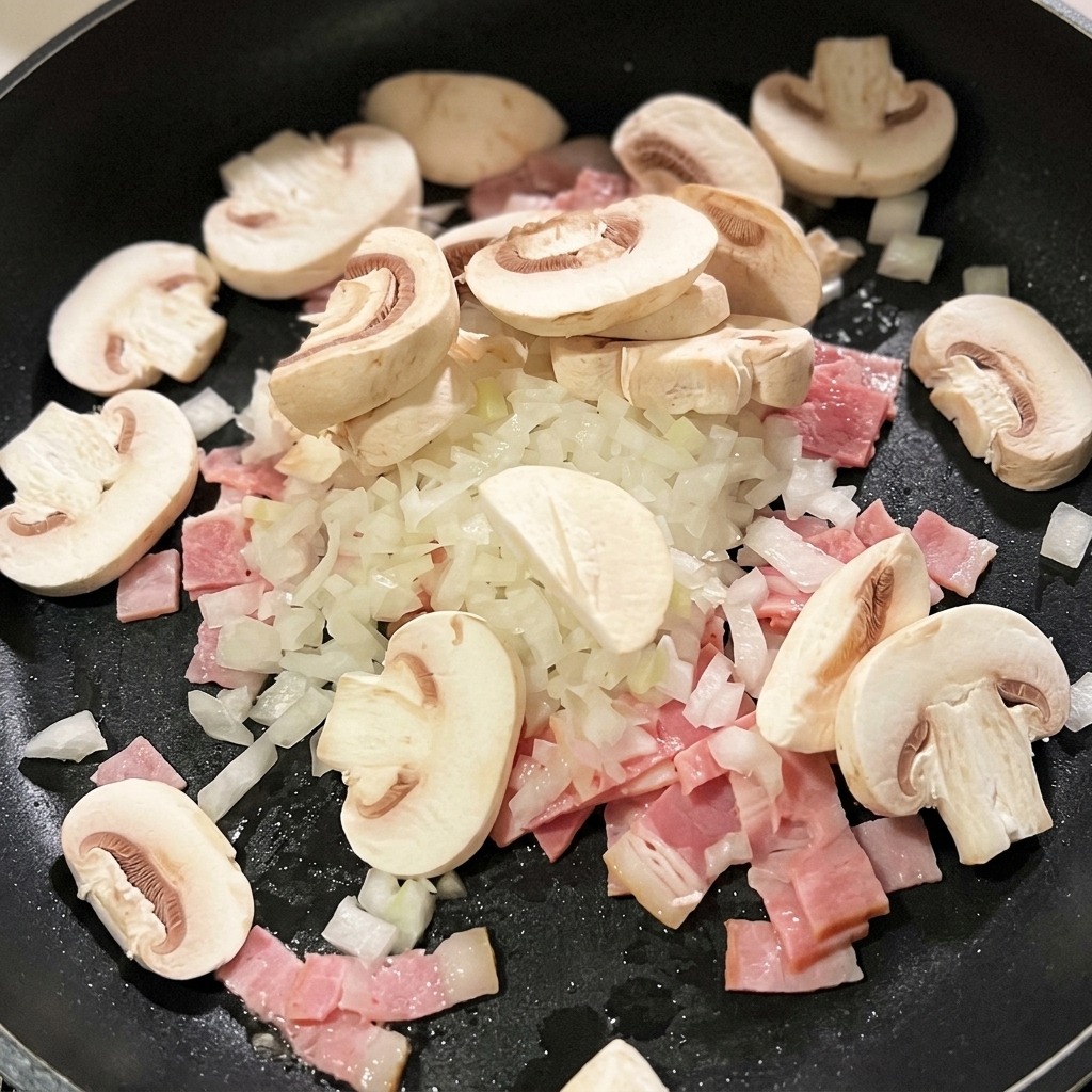 Champignons émincés et oignons hachés ajoutés au bacon dans une poêle noire.