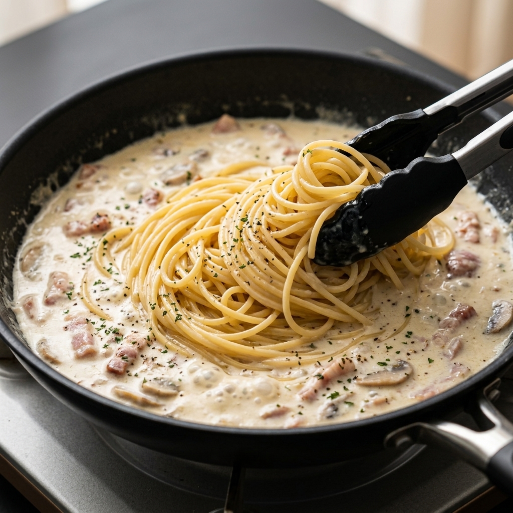 Pince déposant des spaghetti dans une poêle remplie de sauce à la crème, bacon et champignons.