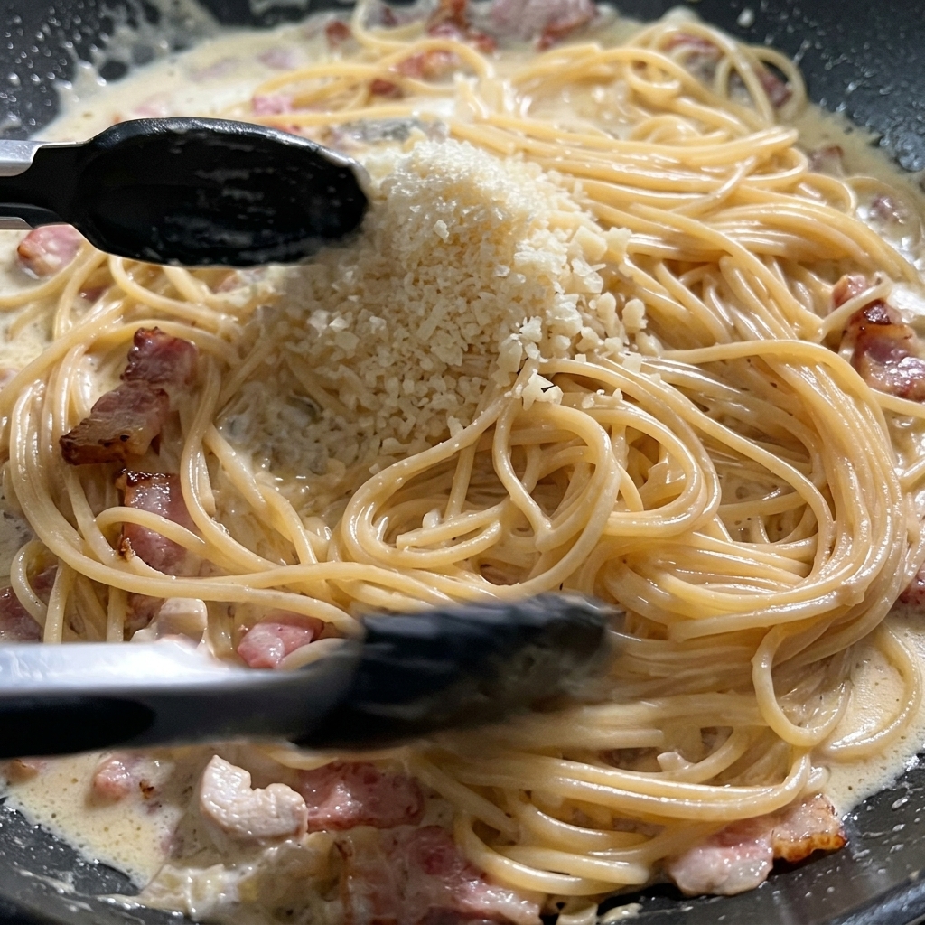 Parmesan râpé déposé sur des spaghetti crémeux au bacon dans une poêle foncée.