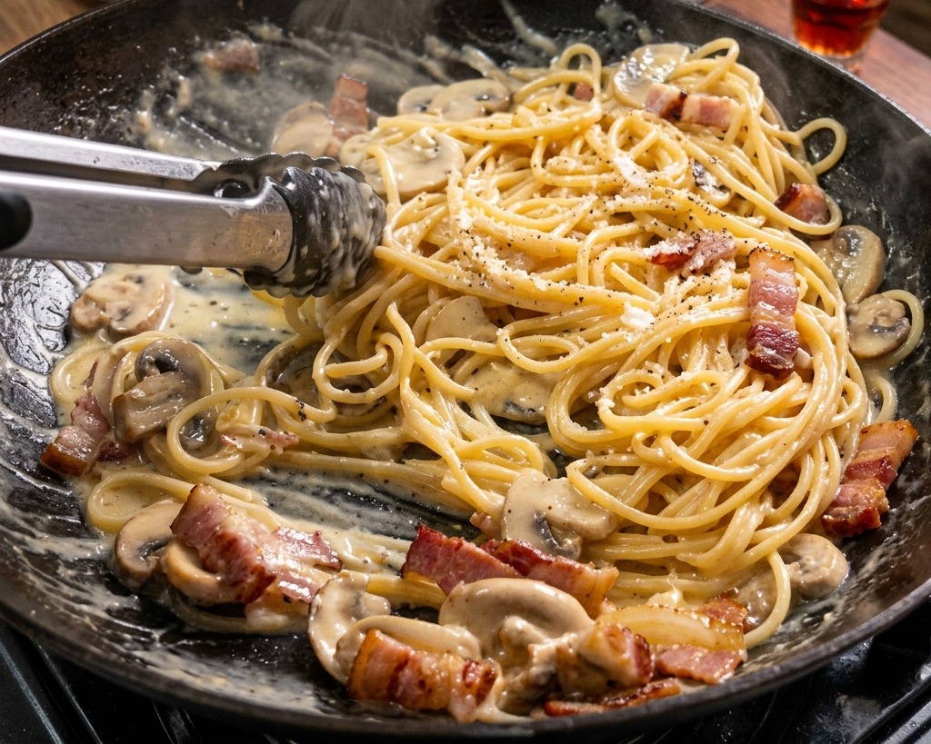 Pince de cuisine mélangeant vigoureusement des spaghetti dans une poêle avec la sauce et le bacon.