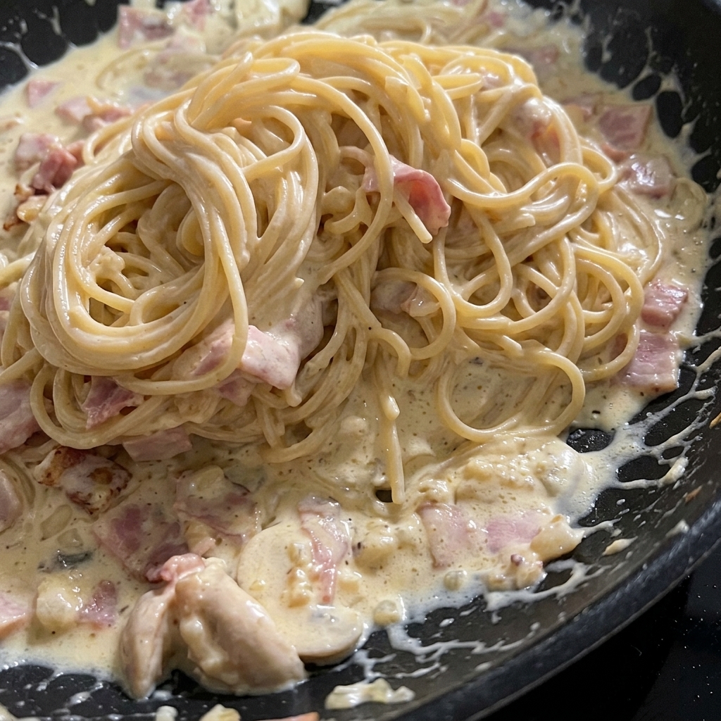 Spaghetti carbonara crémeux finis avec des champignons et du bacon dans une poêle.