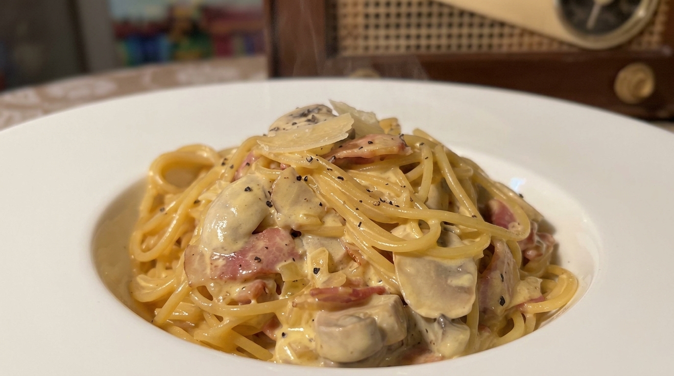 Spaghetti Carbonara Crémeux aux Champignons et Bacon