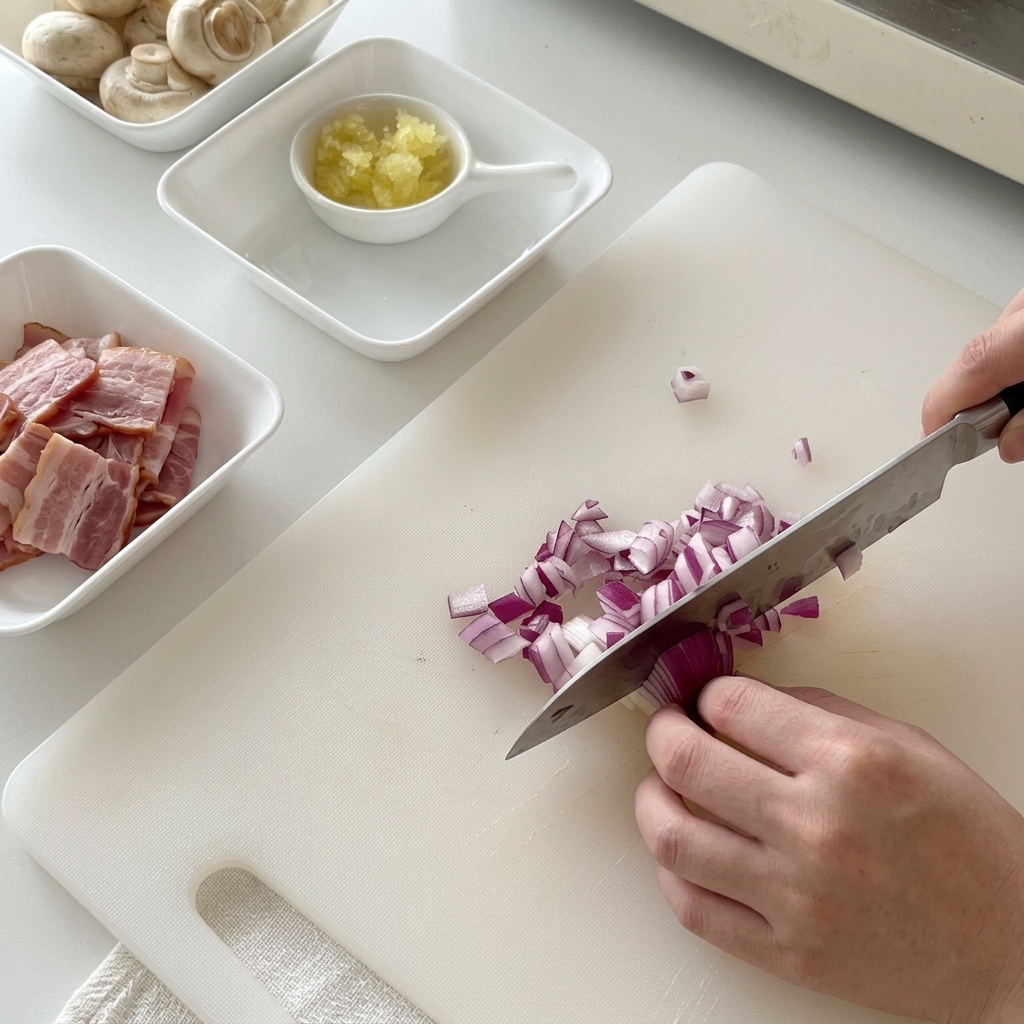 Mains tenant un couteau de chef pour émincer finement un oignon rouge sur une planche à découper.