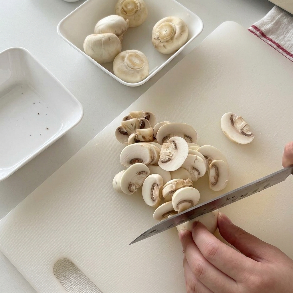 Champignons de Paris tranchés régulièrement sur une planche à découper.