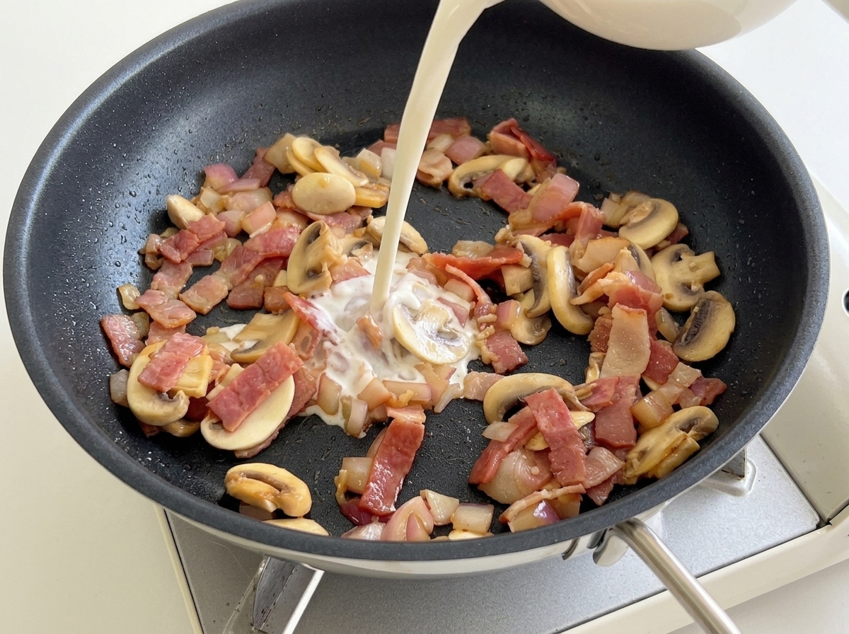 Lait versé sur la garniture de bacon et champignons dans la poêle.