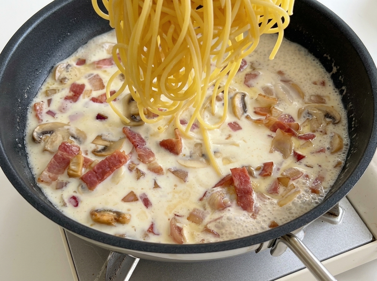 Spaghettis cuits ajoutés à la sauce au lait bouillonnante.