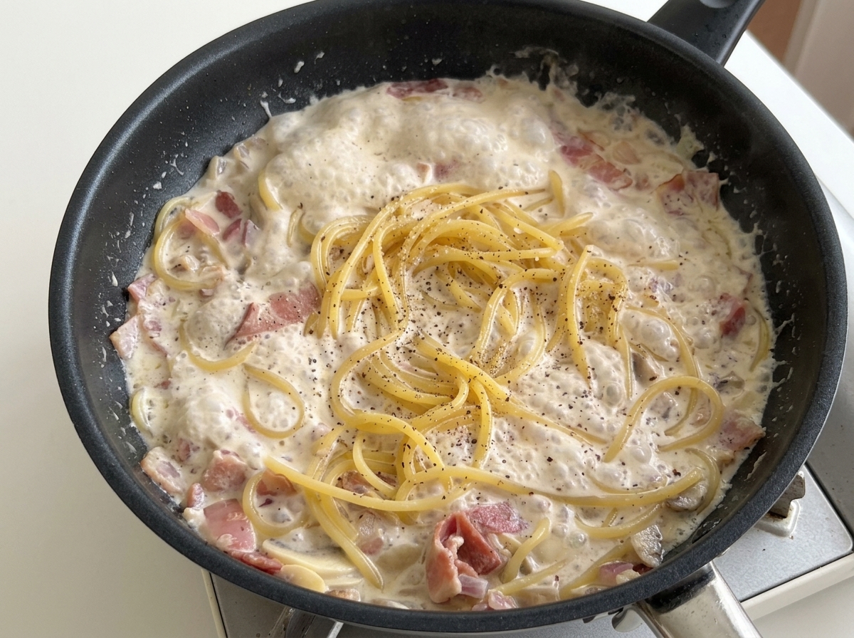 Pâtes mijotant dans la sauce crémeuse, saupoudrées de poivre noir.