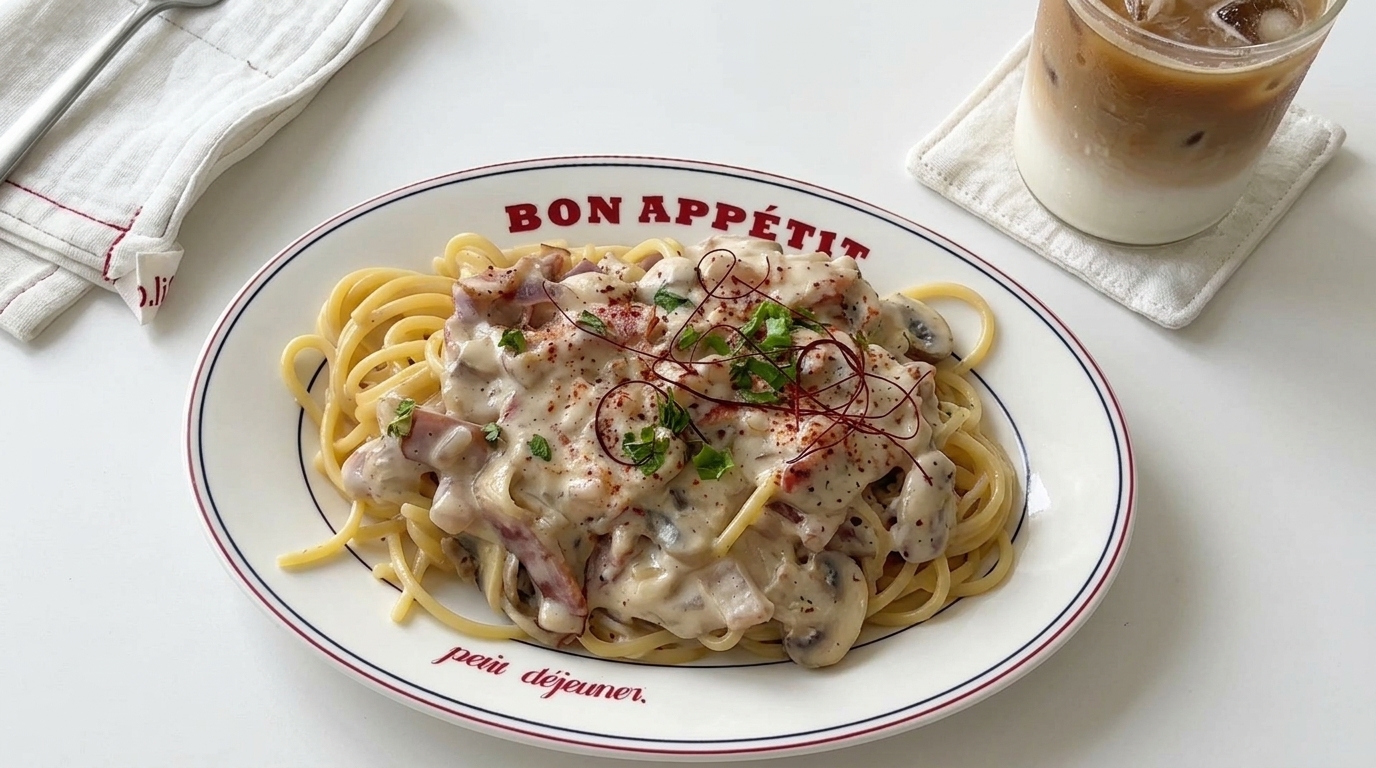 Pâtes crémeuses au lait, bacon et champignons