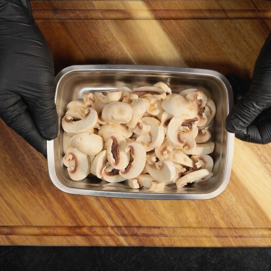 Champignons de Paris émincés régulièrement dans un bac en métal au-dessus dune planche à découper.