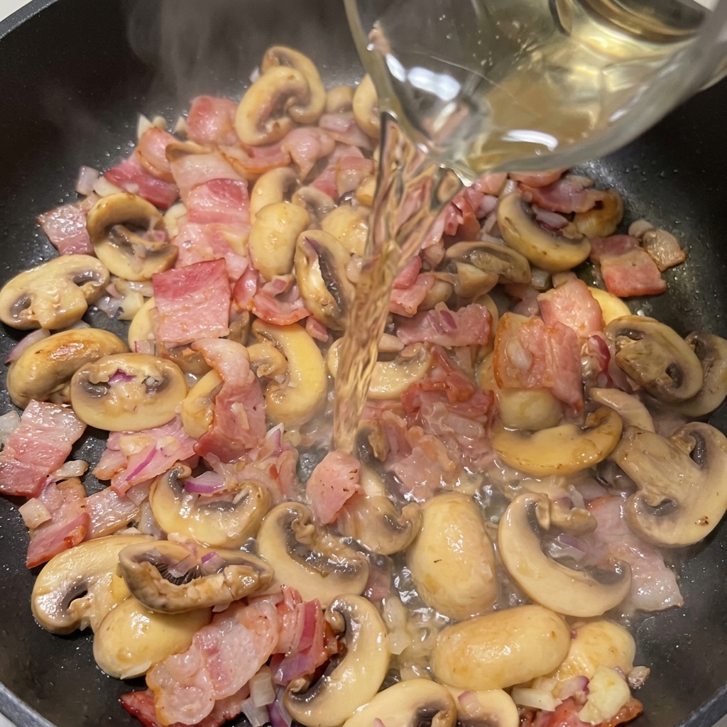 Vin blanc versé dun verre doseur dans une poêle fumante contenant le bacon et les champignons.