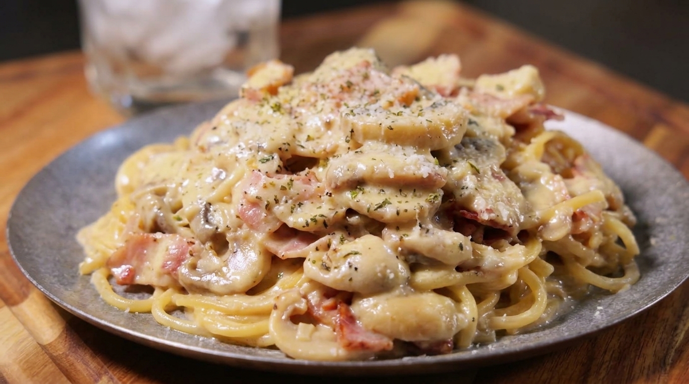 Spaghetti crémeux au bacon et aux champignons ultra-gourmands
