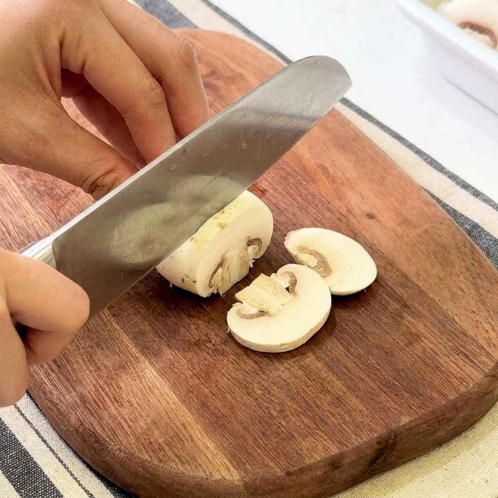 Mains utilisant un couteau de chef pour trancher des champignons de Paris.