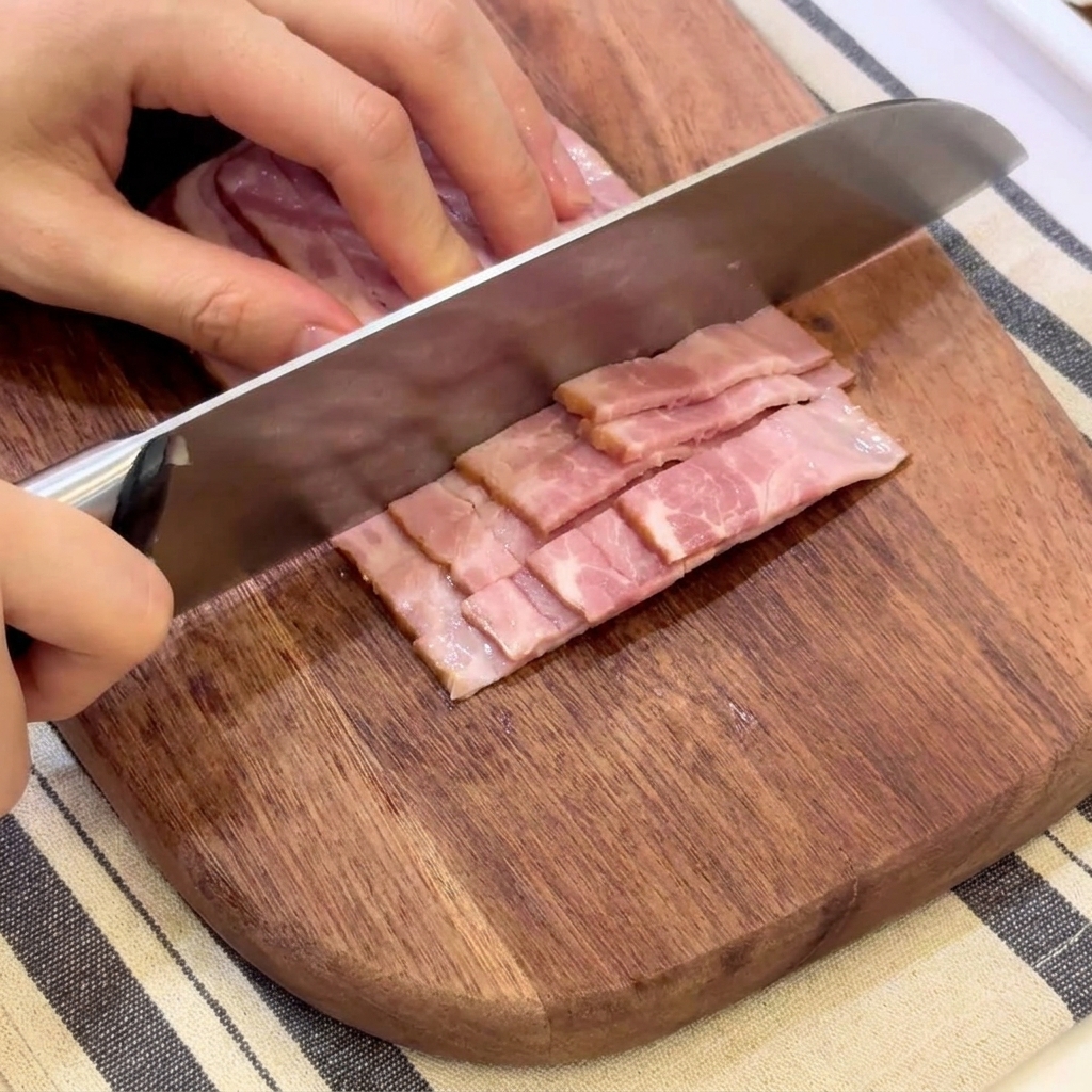 Couteau tranchant des lanières de bacon cru sur une planche à découper.