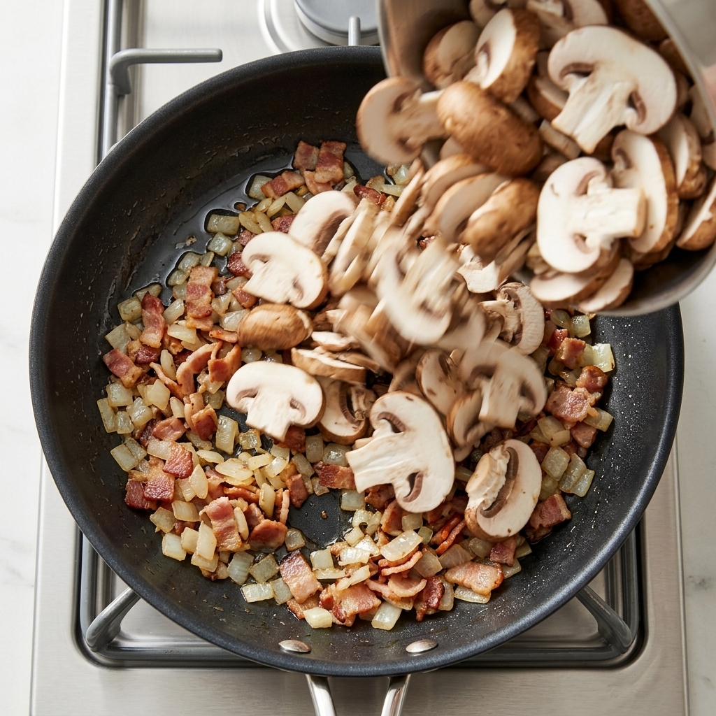 Champignons émincés ajoutés dans la poêle chaude avec le bacon et les oignons.
