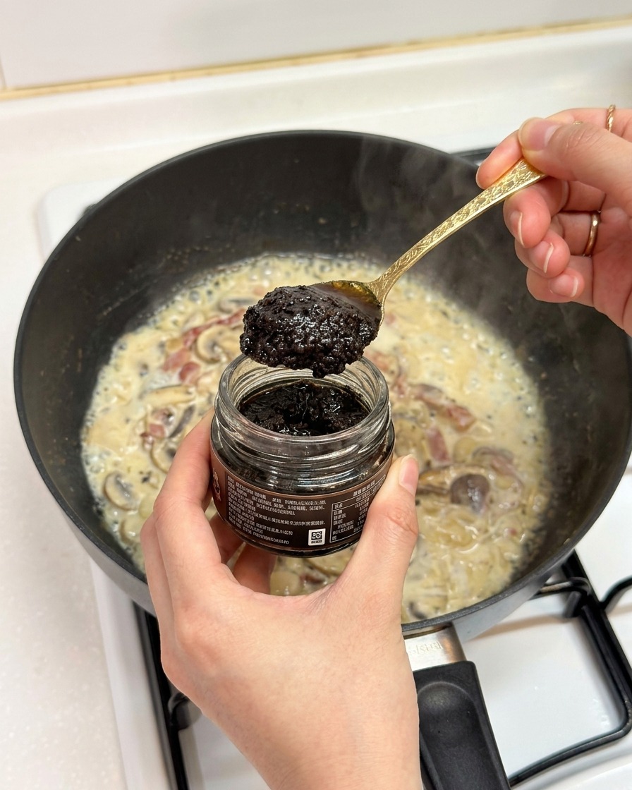 Main tenant un pot de crème de truffe et déposant une cuillerée dans la sauce.