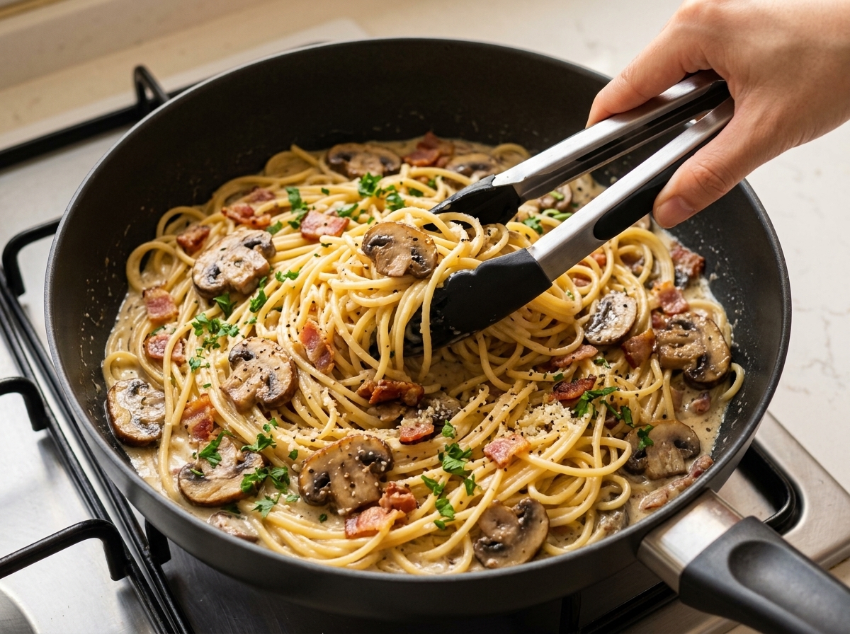 Pince mélangeant les spaghettis, champignons et bacon dans la sauce crémeuse.