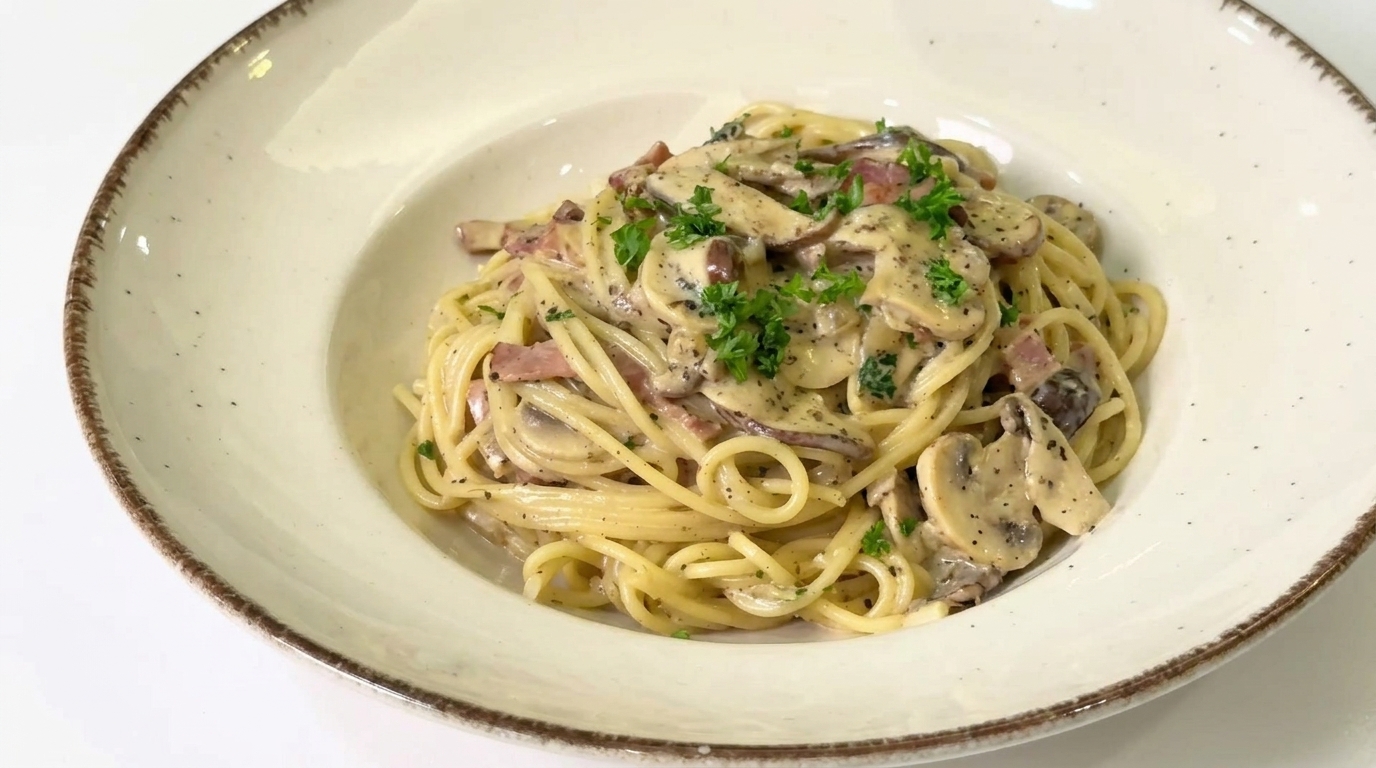 Pâtes crémeuses à la truffe noire, champignons et bacon