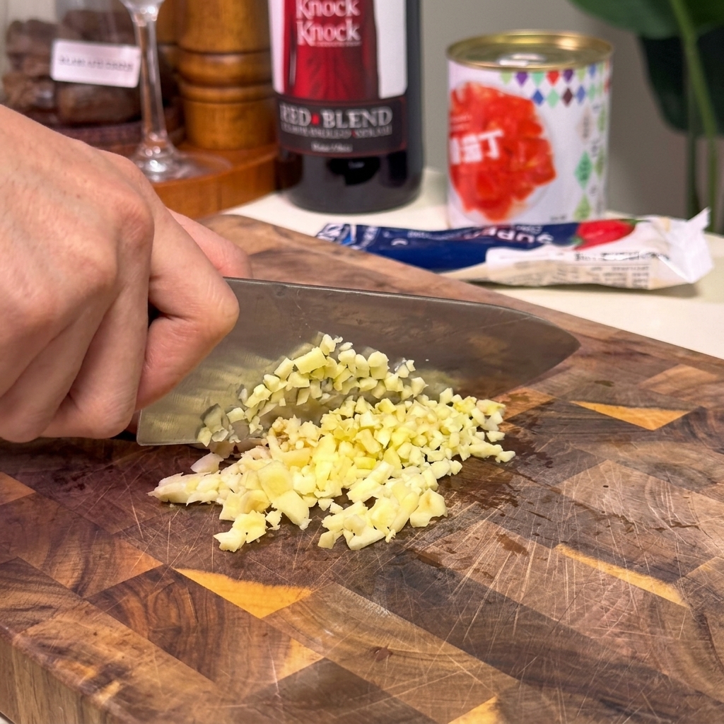 Gros plan dune main utilisant un couteau de chef pour hacher finement des gousses dail frais sur une planche à découper.