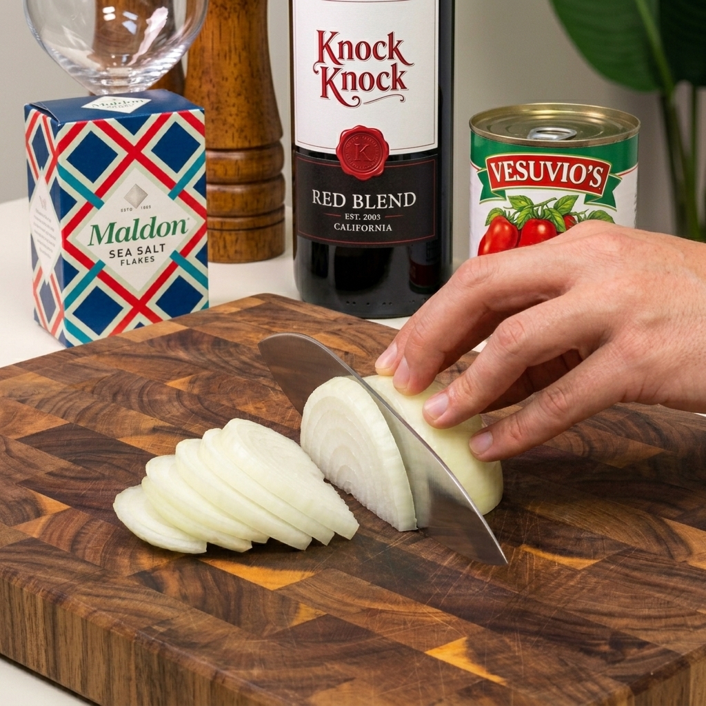 Une main tenant un couteau de chef pour couper un oignon blanc en deux sur une planche en bois.