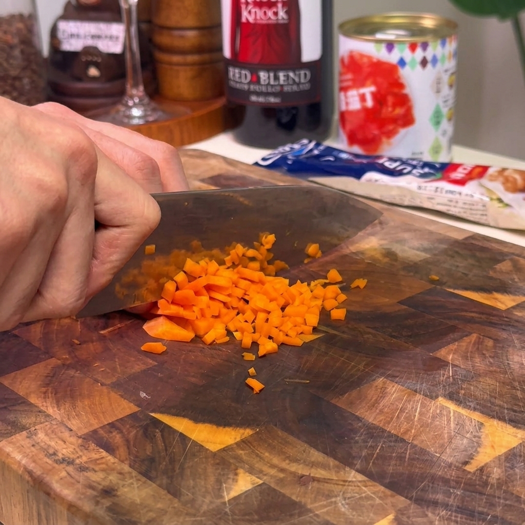 Utilisation dun couteau pour hacher finement des carottes orange vif sur une planche à découper.