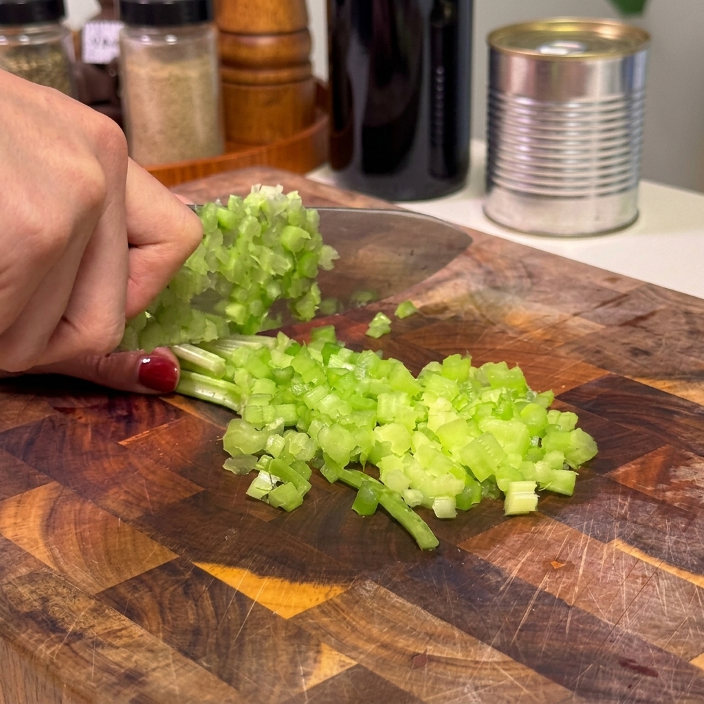 Découpe de branches de céleri vert frais en petits morceaux uniformes sur une planche.