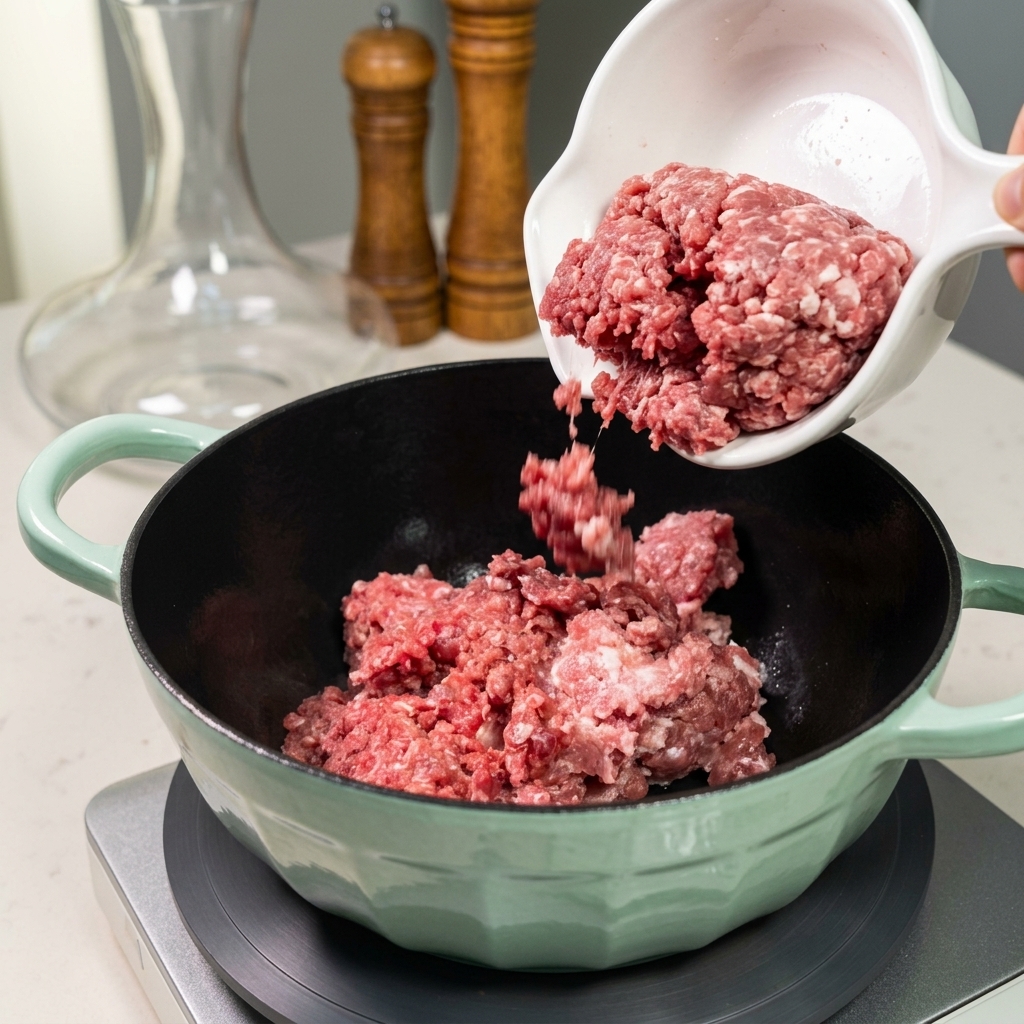 Mélange de bœuf et de porc hachés versés dun bol blanc dans une marmite vert pâle.