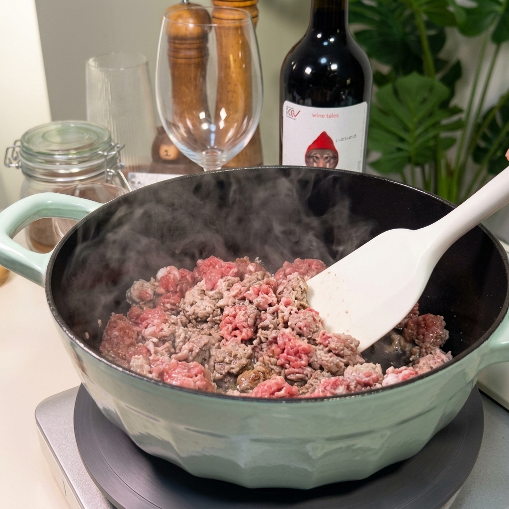 Viande hachée remuée avec une spatule blanche dans une marmite, avec de la vapeur séchappant pendant quelle dore.