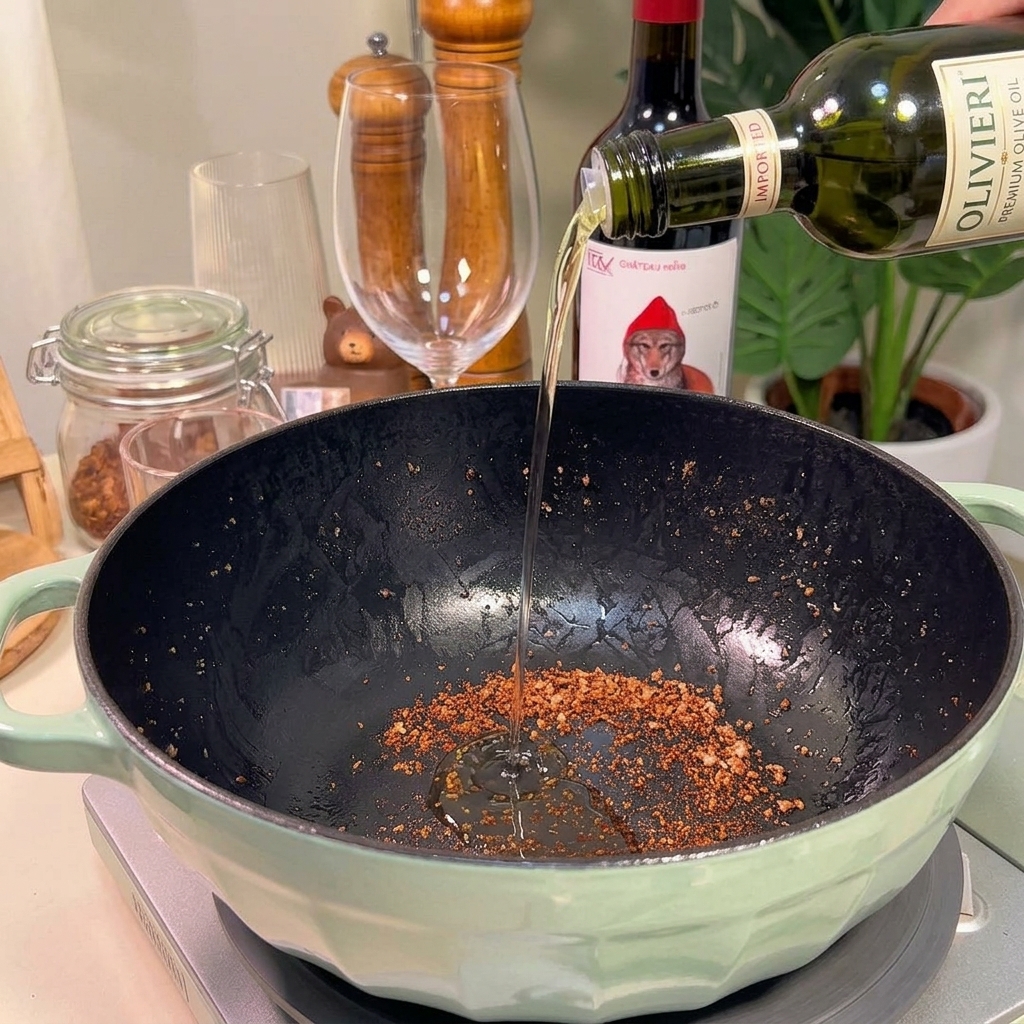 Versement dhuile de cuisson depuis une bouteille en verre dans une poêle contenant des sucs de viande dorés.