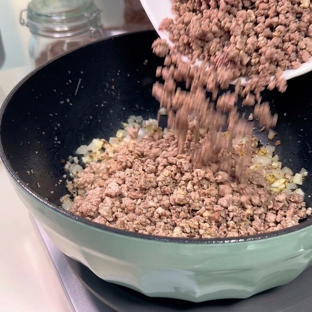 Viande hachée dorée versée dune assiette blanche dans la poêle avec les oignons et lail sautés.