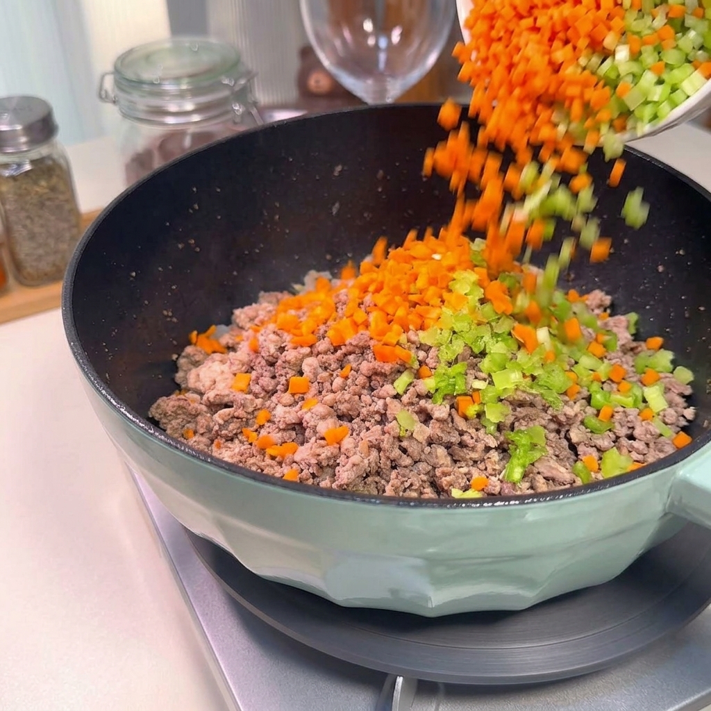 Dés de carottes et céleri versés dans la poêle contenant le mélange de viande.