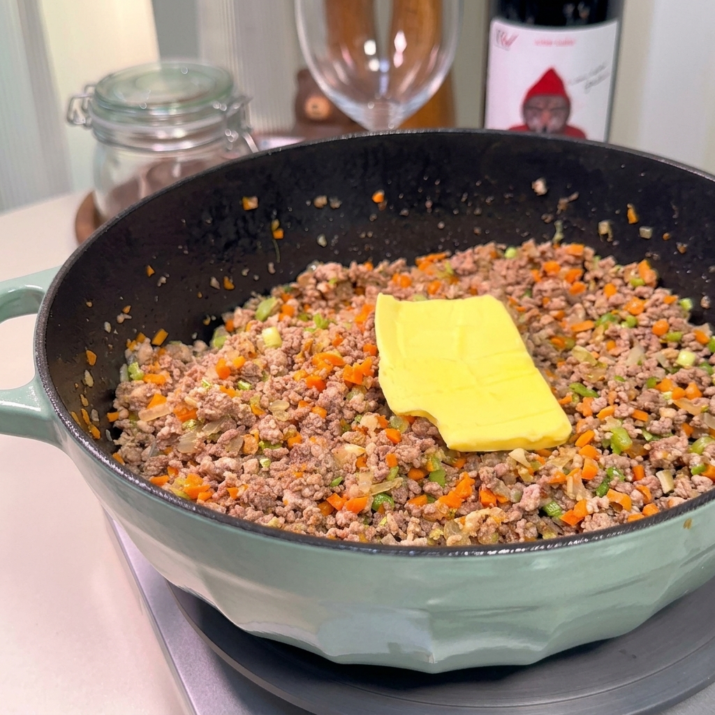 Un morceau de beurre jaune fondant sur le mélange de viande et de légumes dans la poêle.