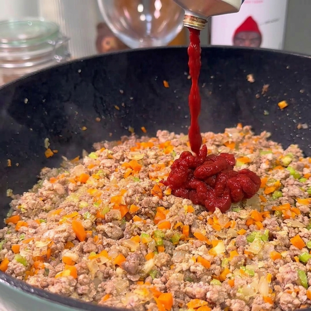 Concentré de tomates rouge foncé versé directement dans une poêle chaude avec la viande et les légumes.