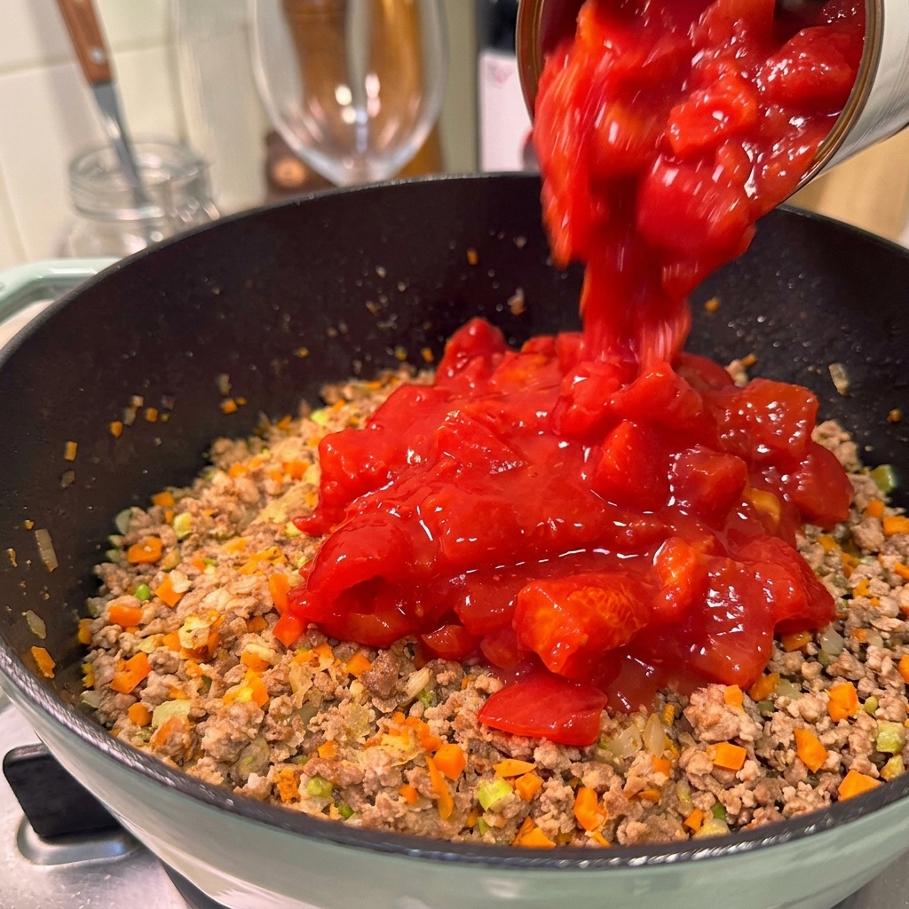 Une conserve versant des tomates concassées rouge vif et leur jus sur le mélange de viande et légumes.