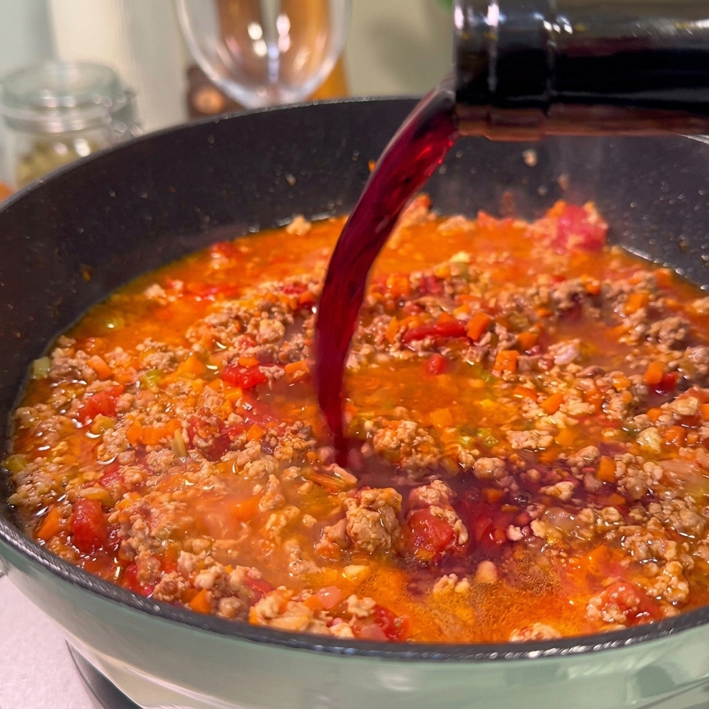 Vin rouge foncé versé dune bouteille en verre dans une sauce bolognaise bouillonnante.