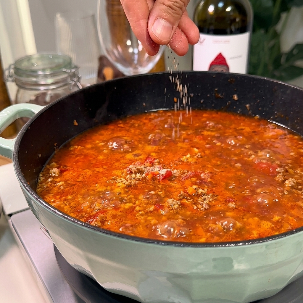 Une main saupoudrant une pincée de sel et de poivre noir sur une sauce bolognaise mijotant dans une large poêle.