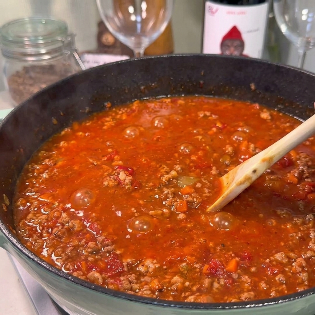 Cuillère en bois remuant une sauce bolognaise épaisse et rouge foncé qui mijote dans une grande marmite.