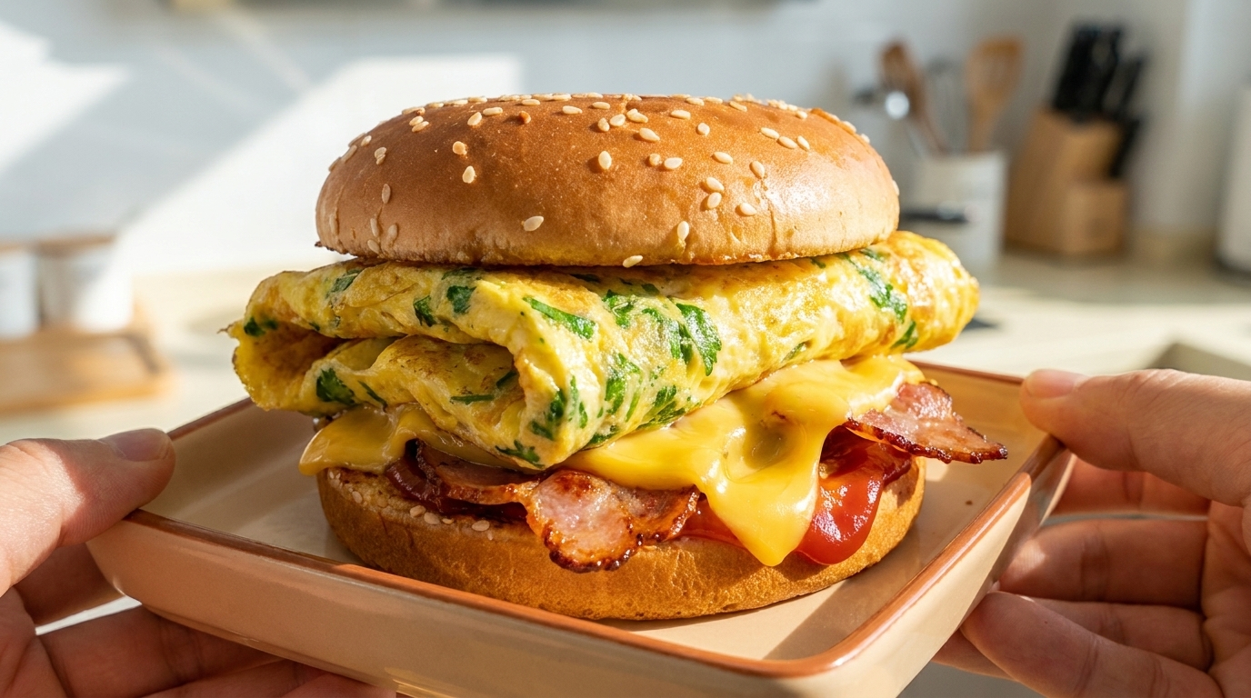 Burger matinal express : omelette à la laitue et bacon en 10 minutes