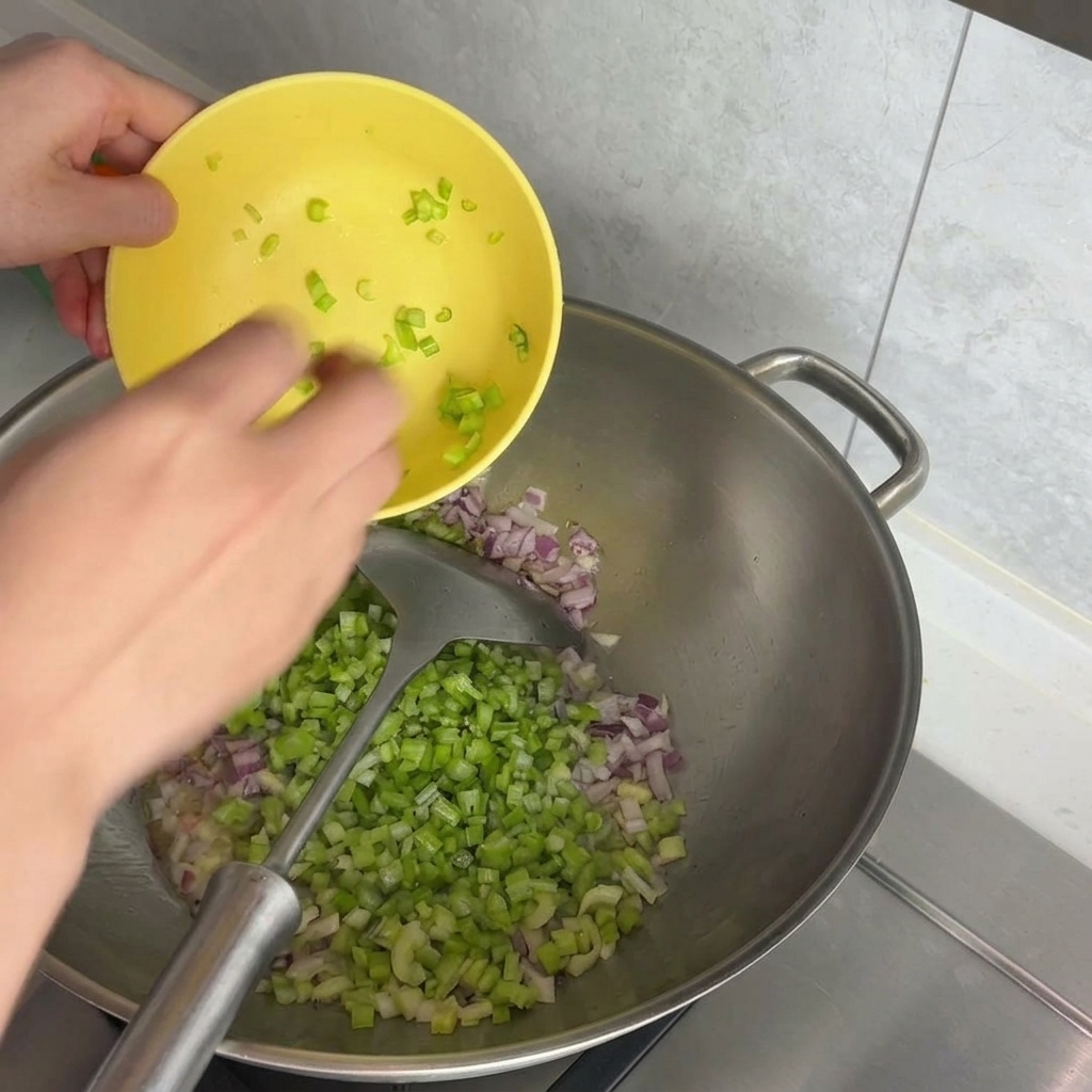 Des mains versant du céleri et des oignons en dés depuis un petit bol jaune dans un wok.