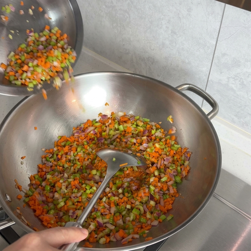 Des carottes et du céleri en dés versés dun bol en métal dans un wok contenant des oignons sautés.