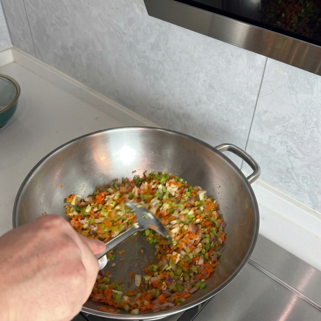 Une spatule remuant un mélange coloré doignons, céleri, carottes et ail dans un wok.