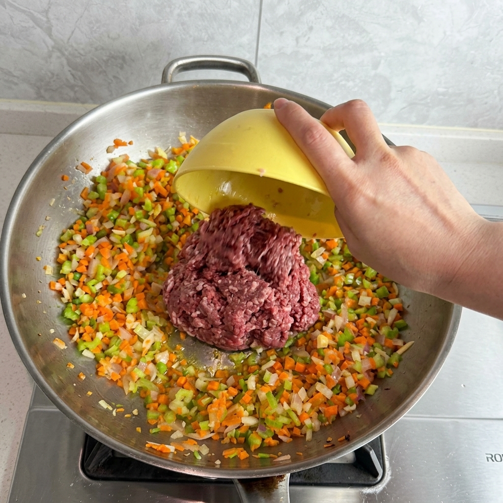 Une main versant de la viande hachée crue dun bol jaune dans un wok rempli de légumes sautés.