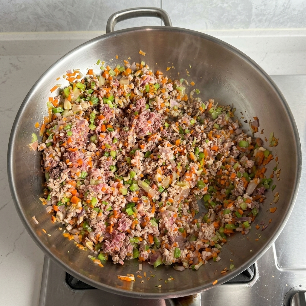 Viande hachée et légumes sautés dans un wok, la viande ayant un aspect bien cuit et doré.