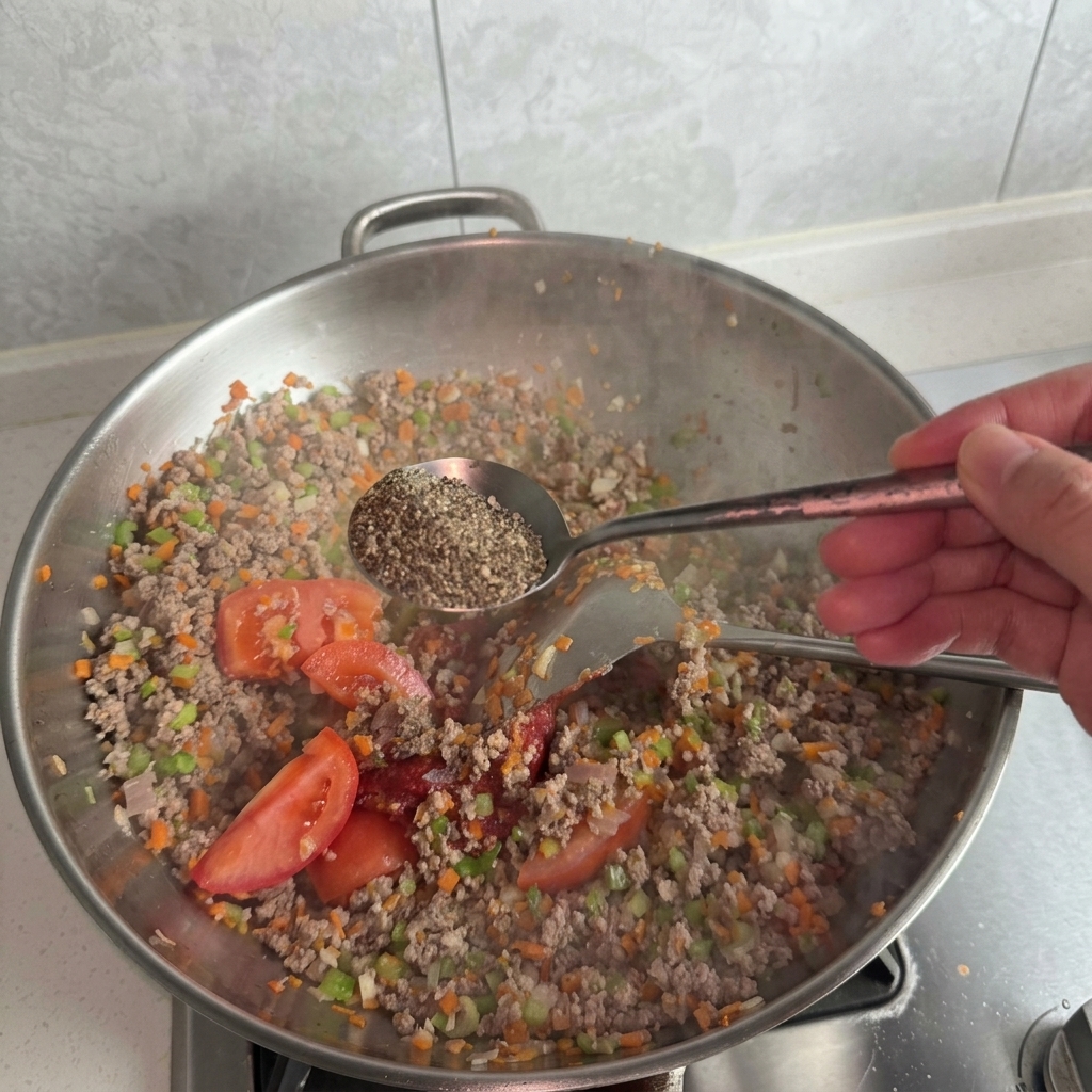 Une cuillère en métal contenant du poivre noir moulu tenue au-dessus dun wok de viande, légumes et tomates.