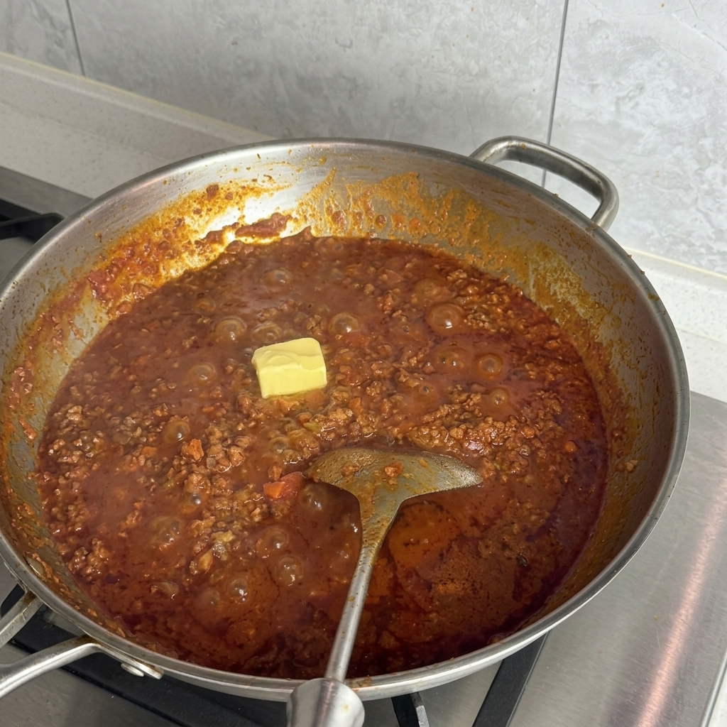Un carré de beurre jaune posé au centre dune sauce bolognaise rouge et riche.